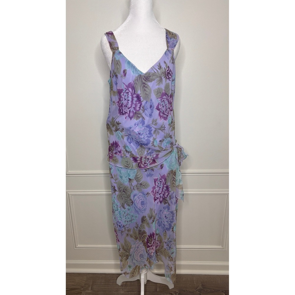 Meghan Matthews Y2K Floral Maxi Dress Purple Chiffon Layered Sleeveless Sz 8 NWT